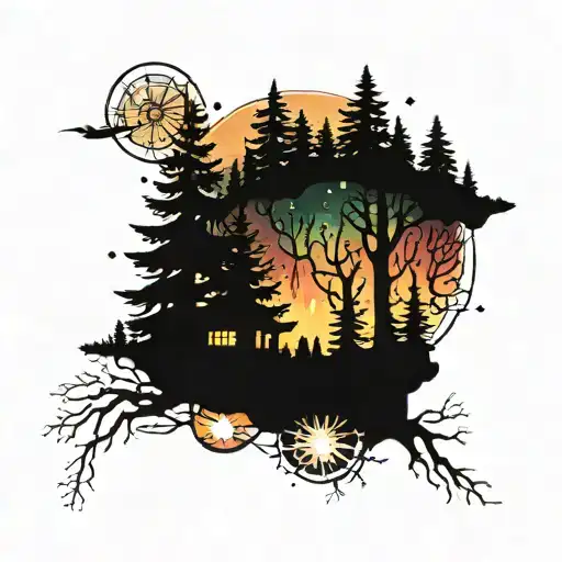 forest scene with night sky filled with fire works and aurora lights tattoo design idea