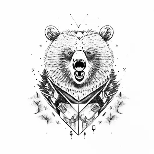angry bear in forest trees tattoo design idea