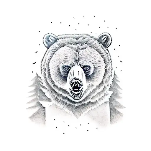 angry bear in forest trees tattoo design idea