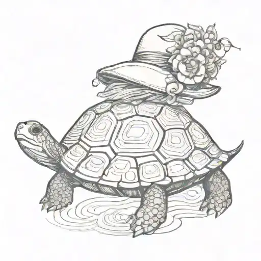 The tattoo features a bohemian-style turtle. It wears a bohemian hat, characterized by its wide and decorative brim. The tattoo design idea