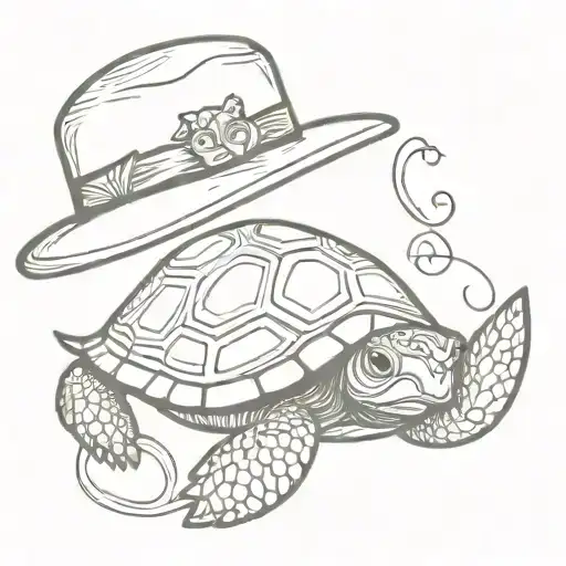 The tattoo features a bohemian-style turtle. It wears a bohemian hat, characterized by its wide and decorative brim. The tattoo design idea