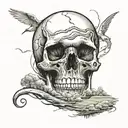 the world as a skull in the sky, crying a river in a field with a winding road tattoo design idea