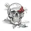 the world as a skull in the sky, crying a river in a field with a winding road tattoo design idea