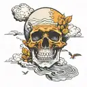 the world as a skull in the sky, crying a river in a field with a winding road tattoo design idea