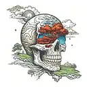 the world as a skull in the sky, crying a river in a field with a winding road tattoo design idea