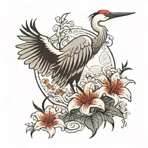 A crane in the foreground, lily flowers in the background tattoo design idea