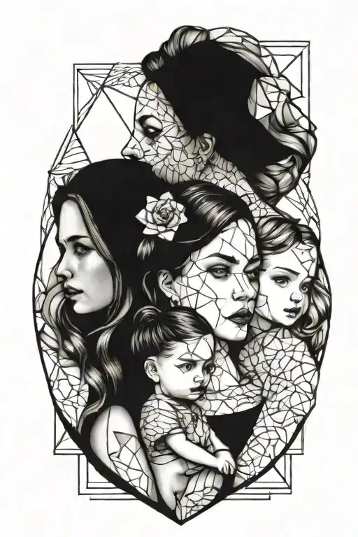 A beautiful portrait of your wife and two daughters in a unique geometric style tattoo design idea
