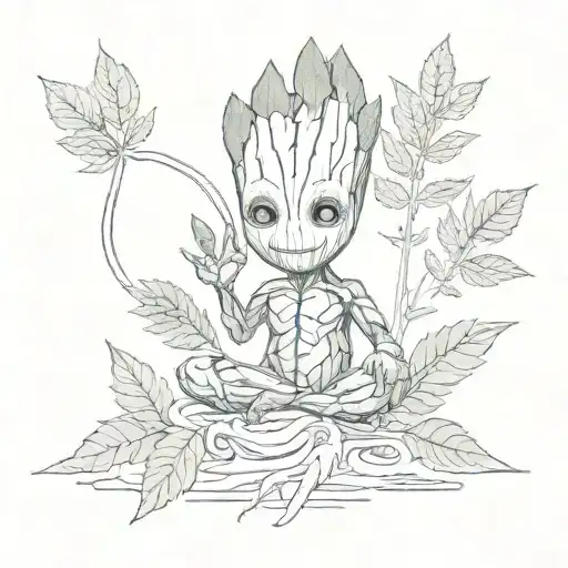 Pulse from which a cannabis leaf grows in front of a baby Groot tattoo design idea
