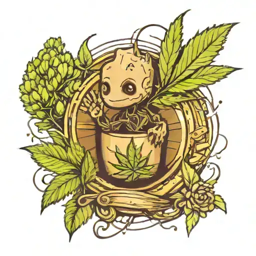Pulse from which a cannabis leaf grows in front of a baby Groot tattoo design idea