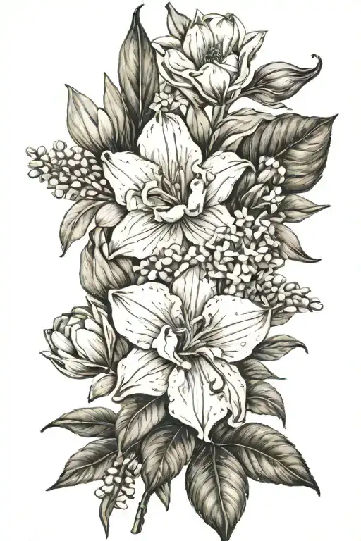 Tulips, lilacs, sunflowers, bluebonnets, magnolias and magnolia leaves, and orchids tattoo design idea
