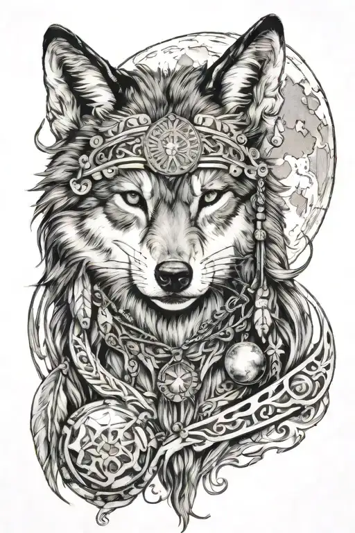 wolf turkic shaman girl moon maintains tattoo design idea
