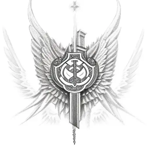 Templar with kneeling wings and a castle in the background tattoo design idea