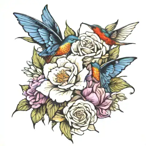 Roses Lilies bluebonnets daisies butterfly hummingbird tattoo design idea