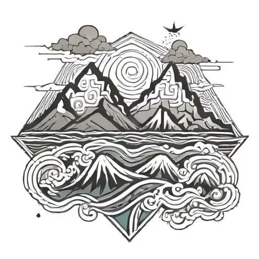 mountains, sea, lightning, 2016, waves, dark clouds, love, tattoo design idea