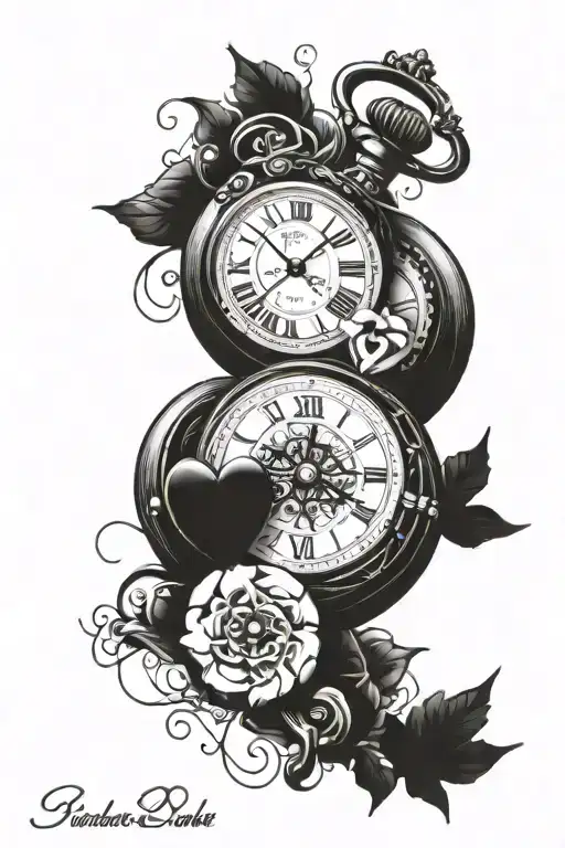compas, pocket watch, heart shape, name written tattoo design idea