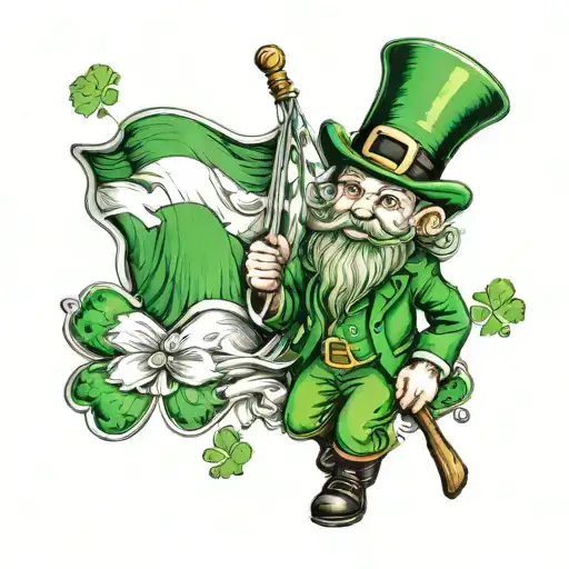 leprechaun holding Irish flag and four leaf clovers tattoo design idea