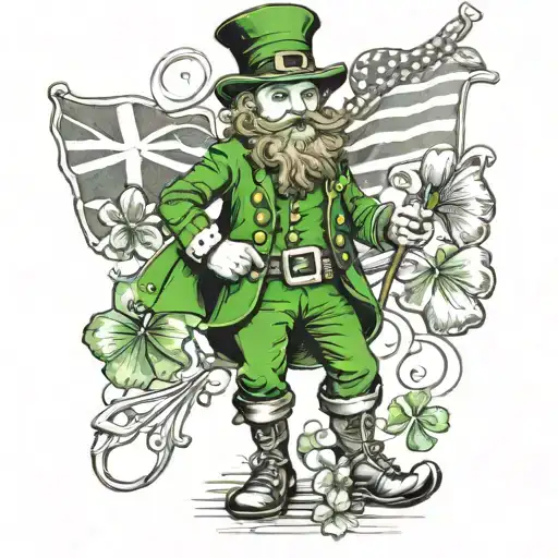 leprechaun holding Irish flag and four leaf clovers tattoo design idea
