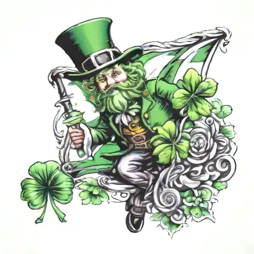 leprechaun holding Irish flag and four leaf clovers for a man tattoo design idea