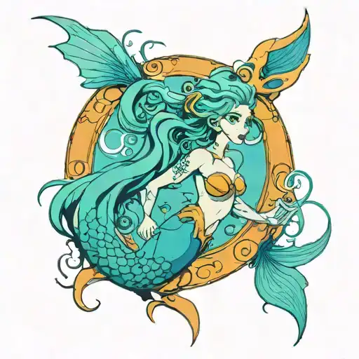 a mermaid with turquoise hair and a golden double tail swimming through an orange portal from the video game Portal 2  tattoo design idea