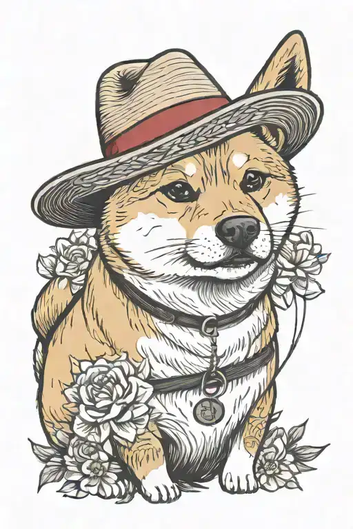 Shiba Inu wearing a straw hat with a red band tattoo tattoo design idea