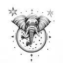 A dotwork tattoo of an elephant standing on a moon, surrounded by stars tattoo design idea