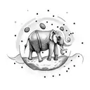 A dotwork tattoo of an elephant standing on a moon, surrounded by stars tattoo design idea