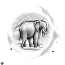 A dotwork tattoo of an elephant standing on a moon, surrounded by stars tattoo design idea
