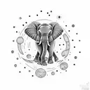 A dotwork tattoo of an elephant standing on a moon, surrounded by stars tattoo design idea