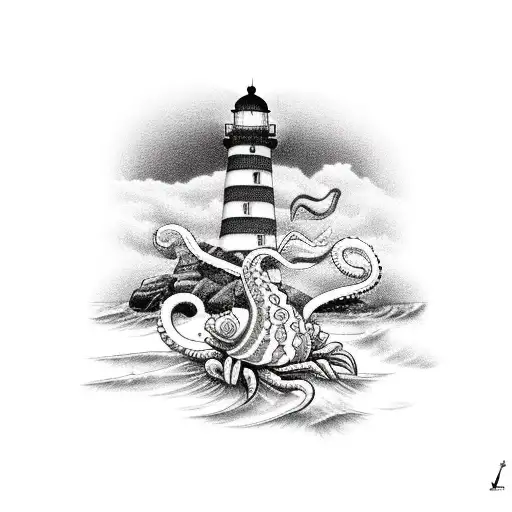 lighthouse with squid and crab tattoo design idea