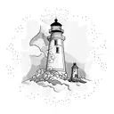 A blackwork design of a lighthouse with crabs crawling up its base tattoo design idea