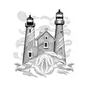 A blackwork design of a lighthouse with crabs crawling up its base tattoo design idea