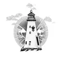A blackwork design of a lighthouse with crabs crawling up its base tattoo design idea