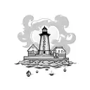 A blackwork design of a lighthouse with crabs crawling up its base tattoo design idea