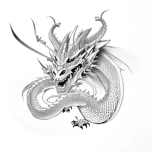 Dragon and samurai in sketch style tattoo design idea