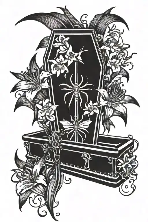 coffin with the three of swords and spider lily  flowers tattoo design idea