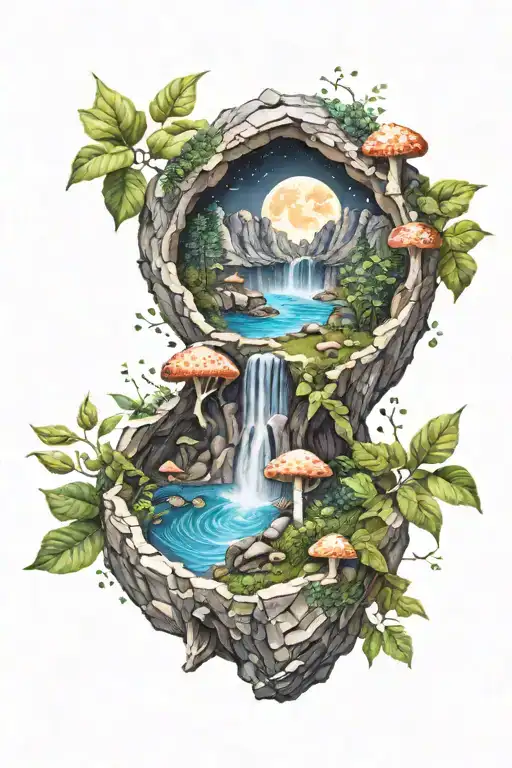 tiny world inside of a geode, nature, leaves, detailed, mushrooms, moon, rocks, waterfall tattoo design idea
