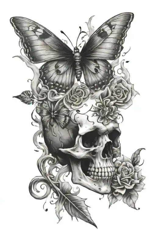 Skull and butterfly emerging victoriously from the ashes and knife tattoo design idea