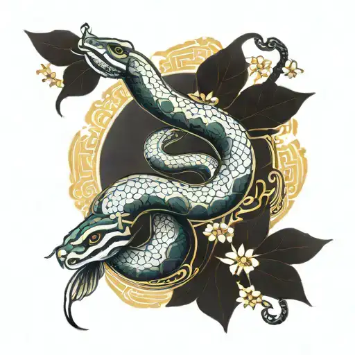 A majestic zodiac snake glides through a vibrant oriental landscape, bringing ancient culture to life. Chinese New Year  tattoo design idea
