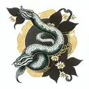 A majestic zodiac snake glides through a vibrant oriental landscape, bringing ancient culture to life. Chinese New Year  tattoo design idea