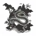 A majestic zodiac snake glides through a vibrant oriental landscape, bringing ancient culture to life. Chinese New Year  tattoo design idea