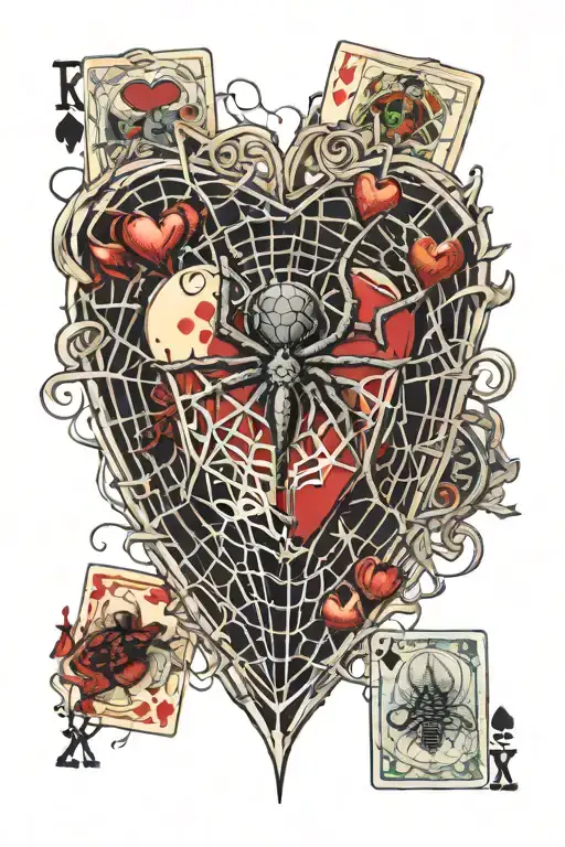 heart spider web with playing cards  tattoo design idea