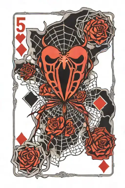 heart spider web with 5 playing cards royal flush in web tattoo design idea