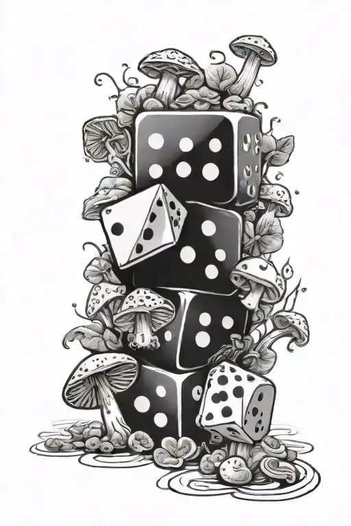 dnd dice surrounded by mushrooms tattoo design idea