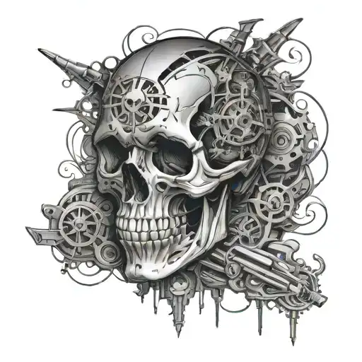 A skull with intricate mechanical details inspired by muscle cars and Harley Davidson motorcycles tattoo design idea