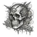 A skull with intricate mechanical details inspired by muscle cars and Harley Davidson motorcycles tattoo design idea