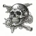 A skull with intricate mechanical details inspired by muscle cars and Harley Davidson motorcycles tattoo design idea