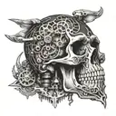 A skull with intricate mechanical details inspired by muscle cars and Harley Davidson motorcycles tattoo design idea
