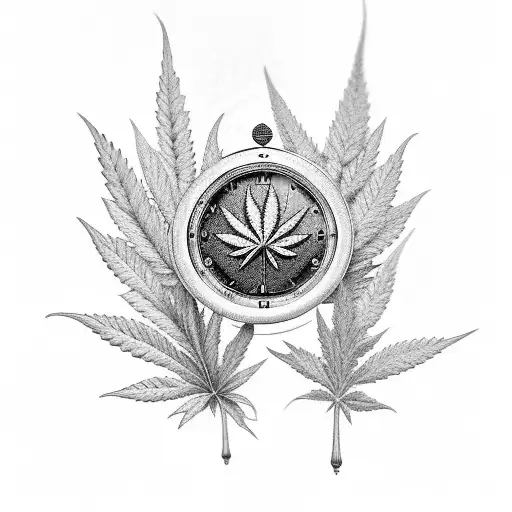 A black-grey tattoo of a marijuana leaf intertwined with musical notes and a clock face tattoo design idea