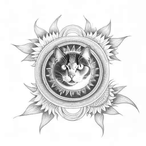 crescent moon with a sunflower and a pentagram and a black cat tattoo design idea