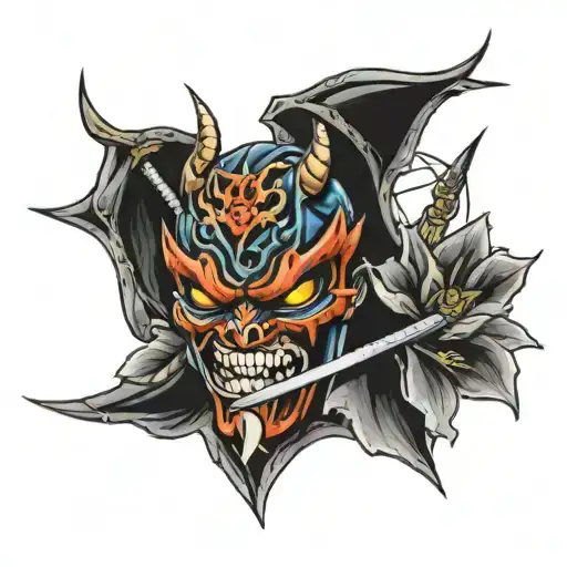 oni half mask with a sword through it and spider lillys behind it tattoo design idea